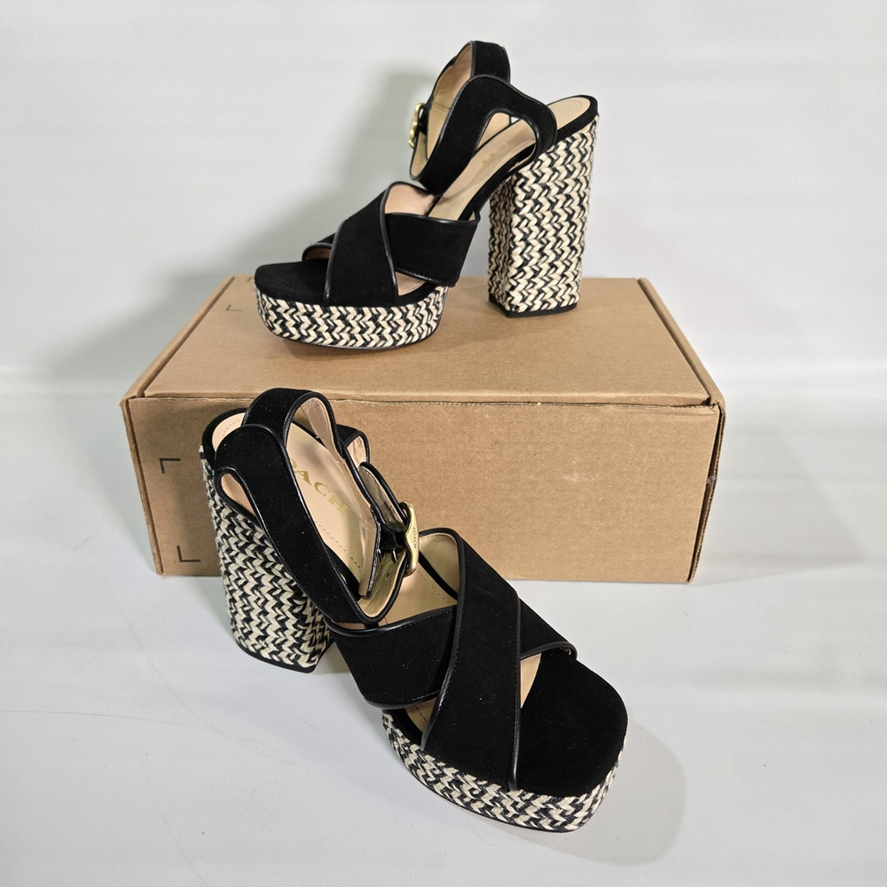 Coach Nelly Raffia Platform Chunky Heel Sandals Black Size 10 NIB Party Designer